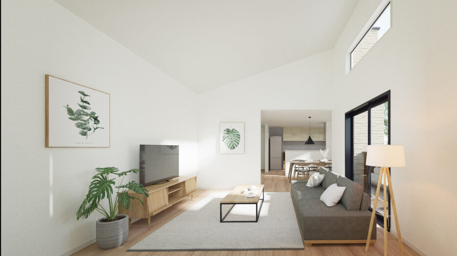 【Living room】<br />
C号棟のリビングは勾配天井で明るく開放感があります。