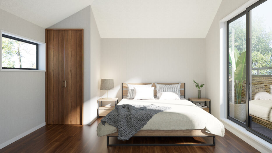 【bed room】<br />
勾配天井で開放感のある空間